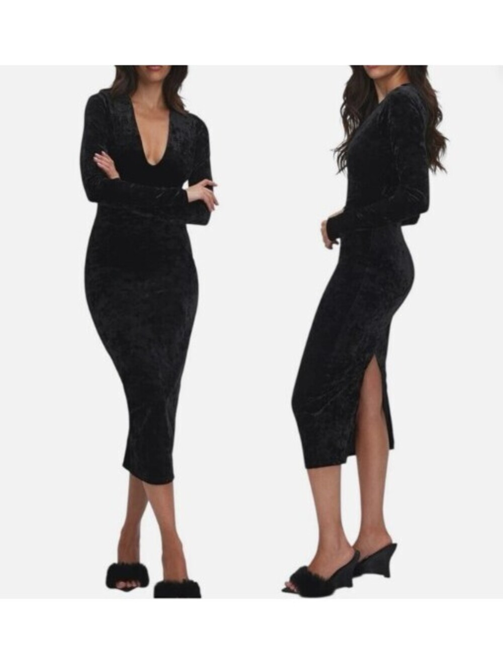 Good American Black Velvet Deep V Midi Dress Women's 2 Bodycon Long Sleeve Slit